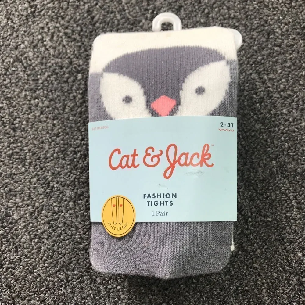 NEW Cat & Jack Footed Tights Knee Detail Size 2 3T Grey Ivory Penguin Cotton Ble